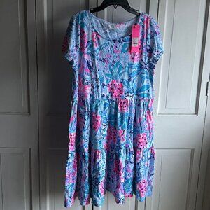 NWT $118 LILLY PULITZER Geanna S/S Dress Zanzibar Blue Party Princess Size MED